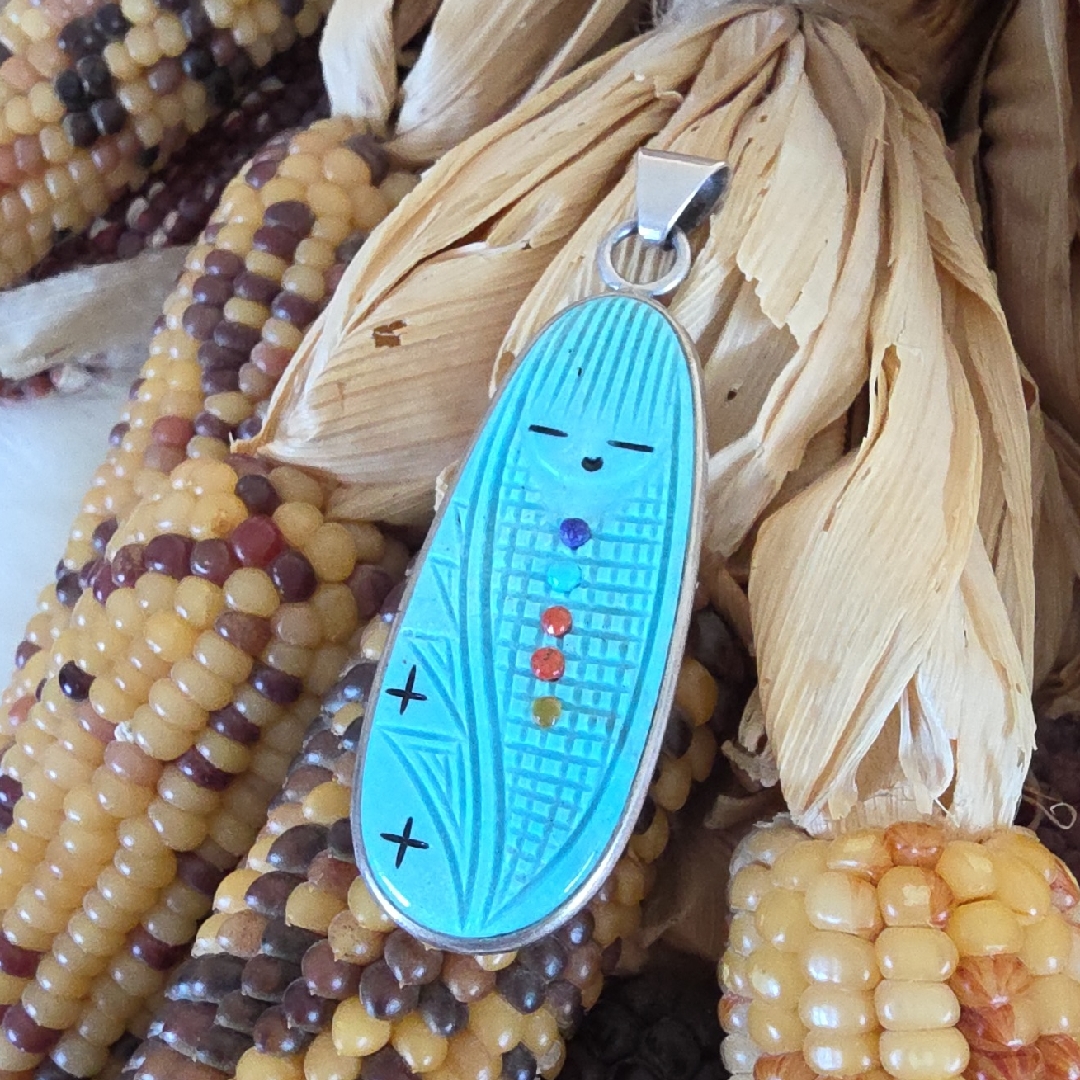 Beautiful Native American Zuni Turquoise Corn Maiden Pendant